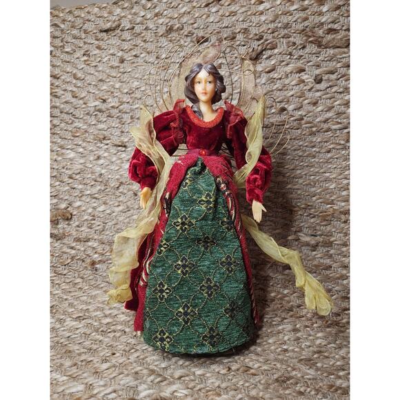 Vintage Home Interiors Christmas Angel Tree Topper Red Green Gold Dress 16" - Picture 1 of 7